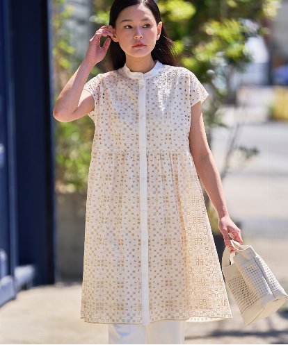 RBBFD34390 HIROKO BIS アイレット刺繍フレンチスリーブチュニックブラウス /洗える