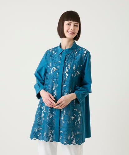 RBBGE21360  フラワー刺繍コットンロングシャツ /洗える