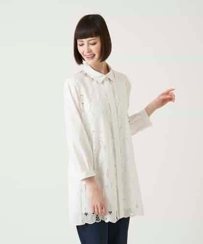 RBBGE21360 HIROKO BIS フラワー刺繍コットンロングシャツ /洗える