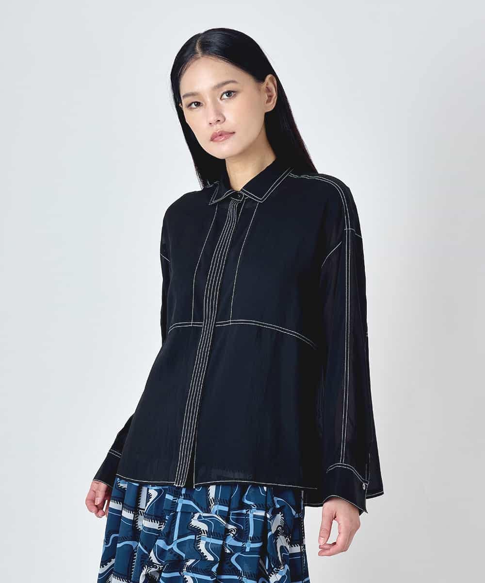 RBBJD12290 HIROKO BIS(ヒロコ ビス) ステッチデザイン短丈シアーブラウス ブラック