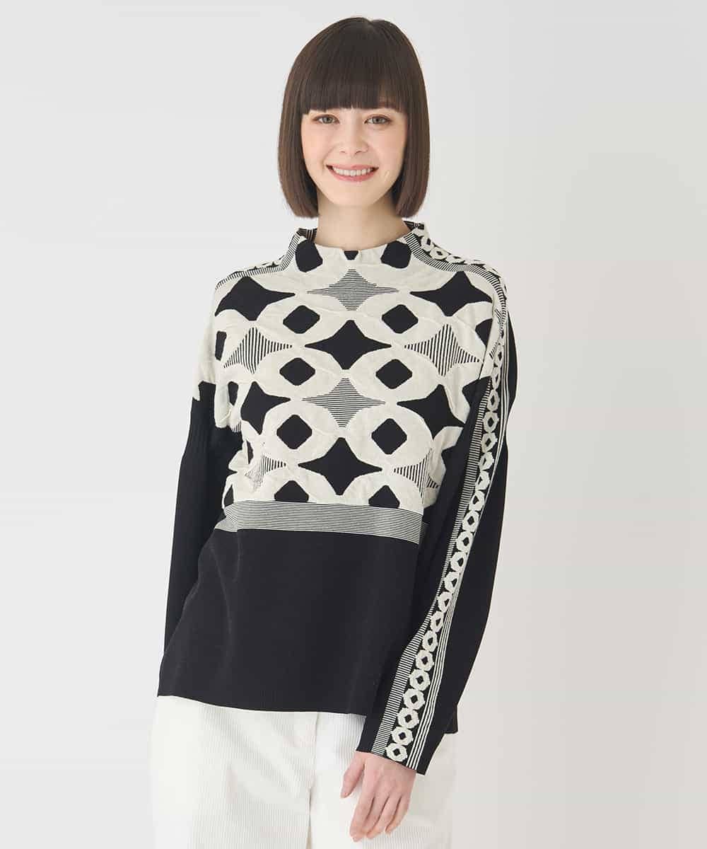 RBFCE81330 HIROKO BIS(ヒロコ ビス) ジャカード×インターシャ幾何柄ニットプルオーバー ブラック