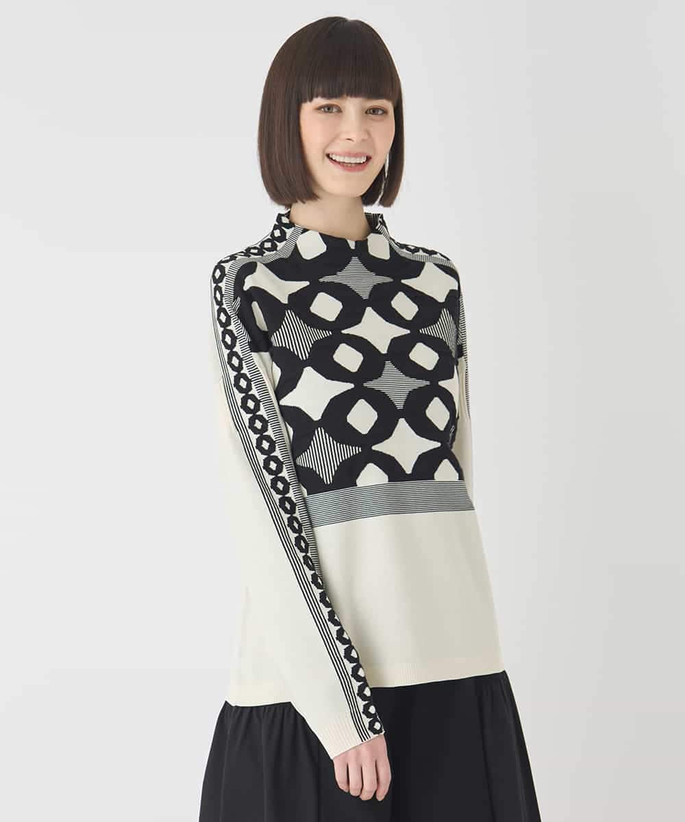 RBFCE81330 HIROKO BIS(ヒロコ ビス) ジャカード×インターシャ幾何柄ニットプルオーバー ブラック