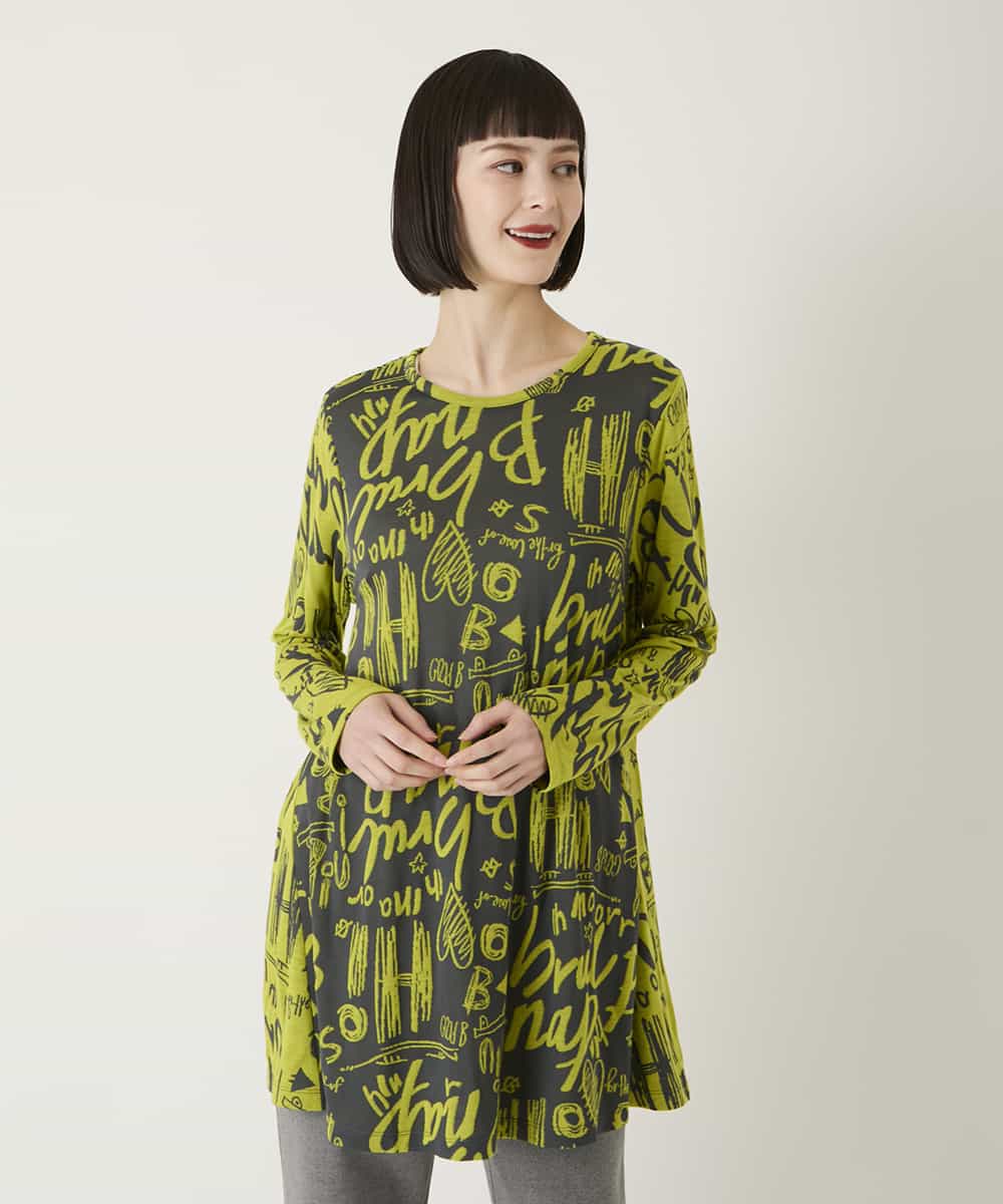 RBKAE34260 HIROKO BIS(ヒロコ ビス) アートロゴ総柄チュニックカットソー /洗える カーキ