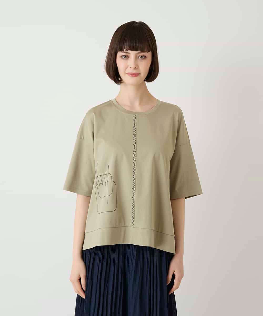 RBKIE10190 HIROKO BIS(ヒロコ ビス) 【接触冷感】ミシンステッチボクシーシルエットTシャツ /洗える カーキ