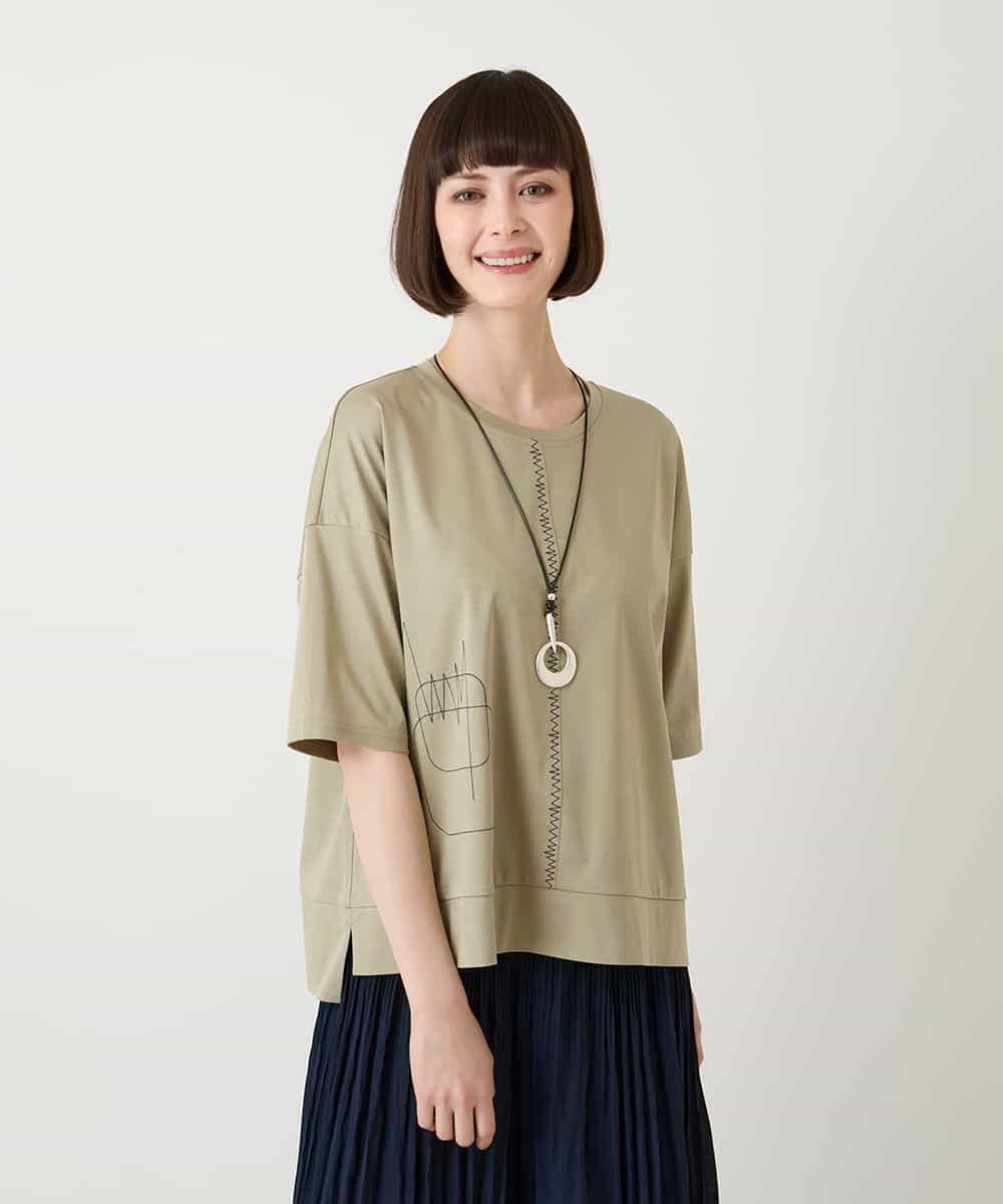 RBKIE10190 HIROKO BIS(ヒロコ ビス) 【接触冷感】ミシンステッチボクシーシルエットTシャツ /洗える カーキ
