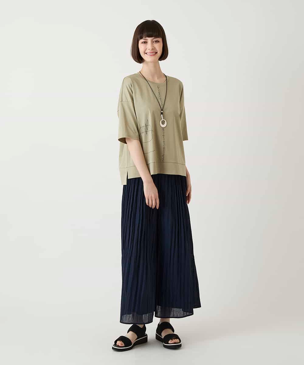 RBKIE10190 HIROKO BIS(ヒロコ ビス) 【接触冷感】ミシンステッチボクシーシルエットTシャツ /洗える カーキ
