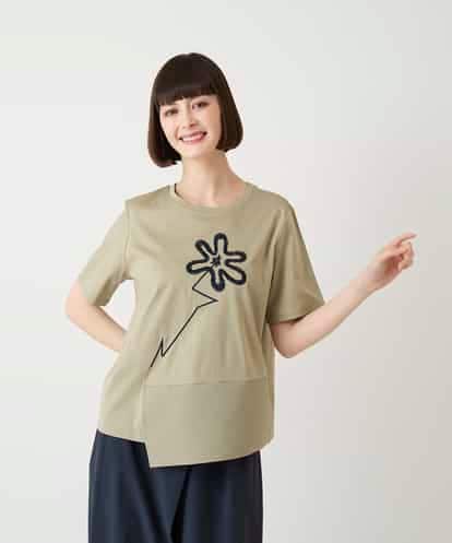 RBKIE11190 HIROKO BIS 【接触冷感】異素材切り替えフラワー刺繍デザインTシャツ /洗える