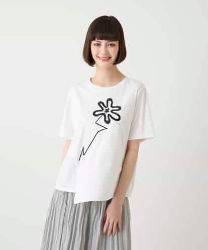 RBKIE11190 HIROKO BIS 【接触冷感】異素材切り替えフラワー刺繍デザインTシャツ /洗える