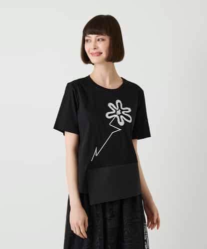 RBKIE11190 HIROKO BIS 【接触冷感】異素材切り替えフラワー刺繍デザインTシャツ /洗える
