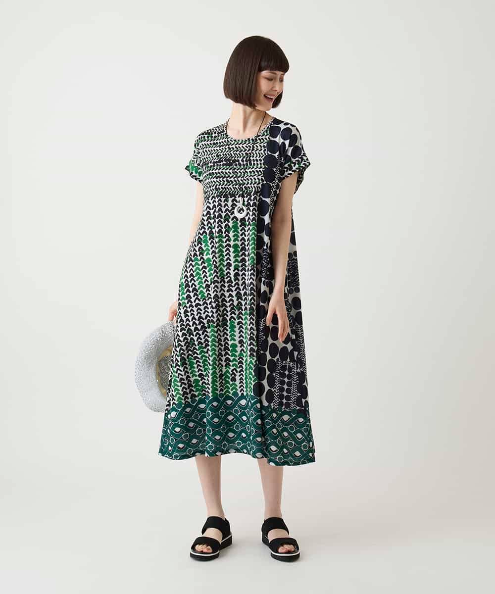 RBPIE06360 HIROKO BIS(ヒロコ ビス) グラフィカルデザインカットソーワンピース /洗濯機で洗える イエローグリーン