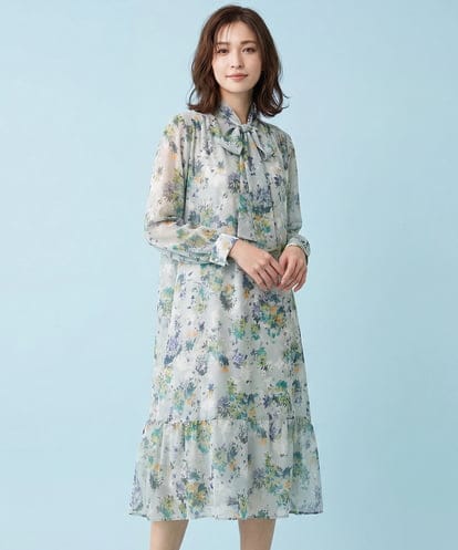 REEDA72430 HIROKO BIS 【ボウタイ付き】フラワープリントエアリーワンピース