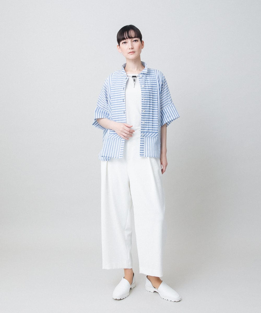 RHBGE23590 HIROKO KOSHINO(ヒロココシノ) ボーダーパターンパネル切り替えブラウス ライトブルー
