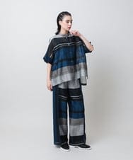 RHBIE13730 HIROKO KOSHINO(ヒロココシノ) リネン混シアーボーダーブラウス/日本製 ネイビー