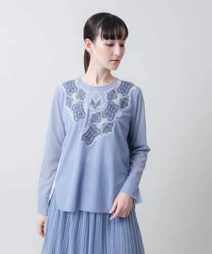 RHKEA10490 HIROKO KOSHINO 異素材ジョイント刺繍プルオーバー /洗える
