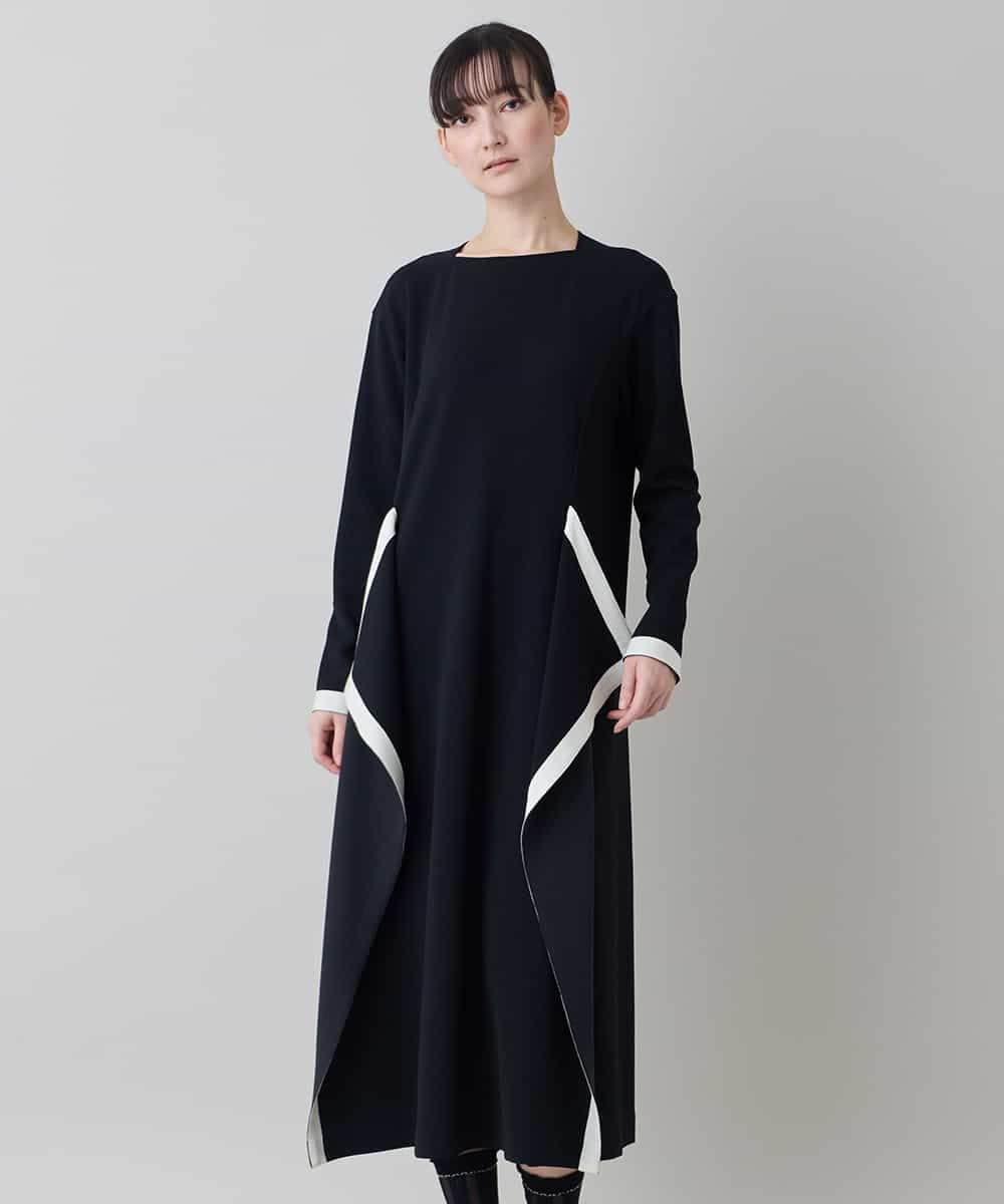RHPED55660 HIROKO KOSHINO(ヒロココシノ) 配色ライン立体デザインワンピース /日本製/洗える ブラック