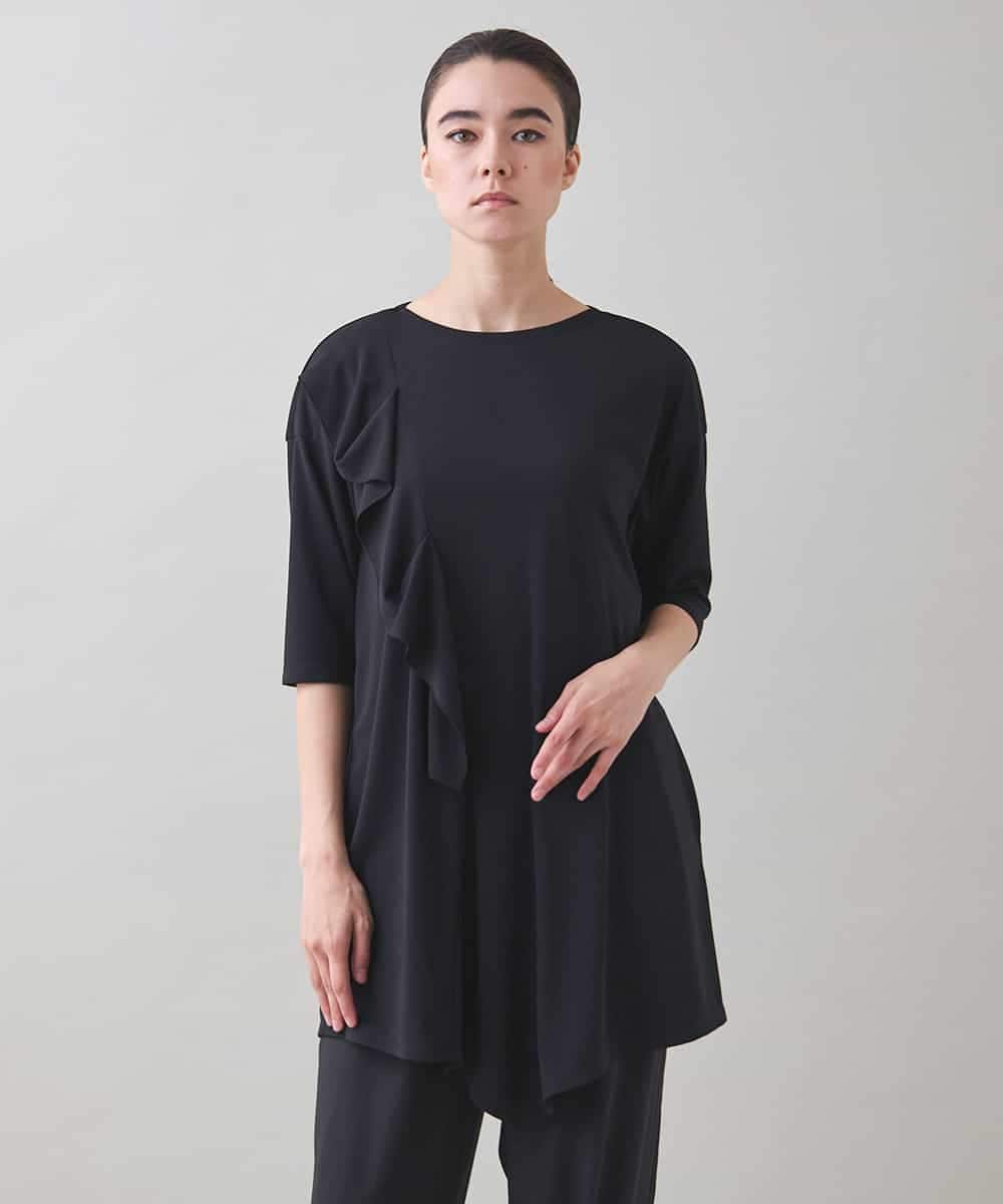 RHPJB23450 HIROKO KOSHINO(ヒロココシノ) ドレープフリルアシンメトリーカットチュニック /日本製/洗える ブラック