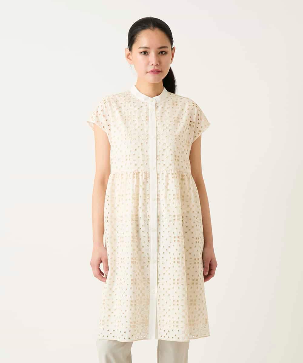RLBFD34410 HIROKO BIS GRANDE(ヒロコ ビス グランデ) 【大きいサイズ】アイレット刺繍フレンチスリーブチュニックブラウス /洗える アイボリー