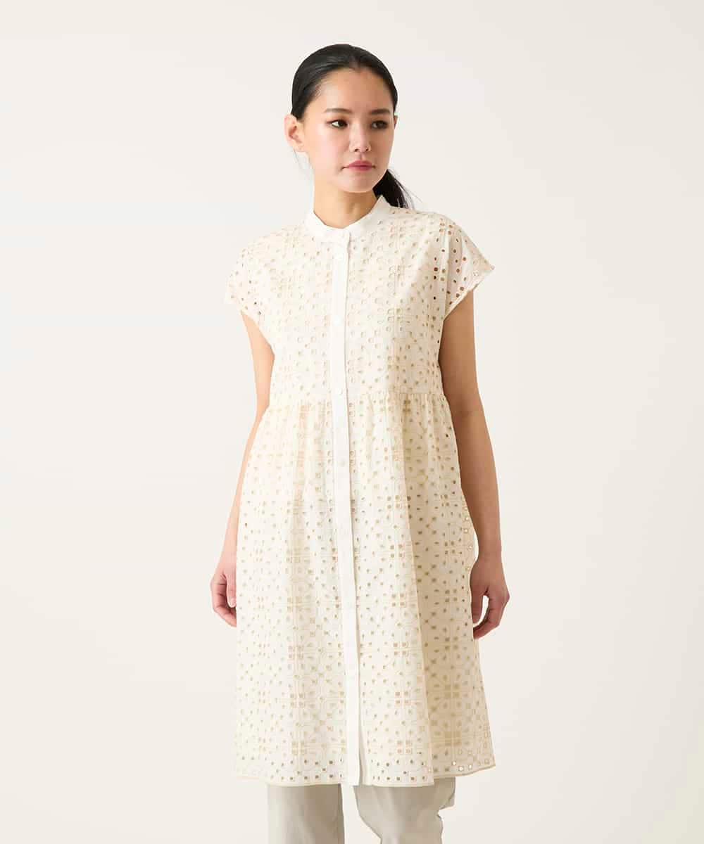 RLBFD34410 HIROKO BIS GRANDE(ヒロコ ビス グランデ) 【大きいサイズ】アイレット刺繍フレンチスリーブチュニックブラウス /洗える アイボリー