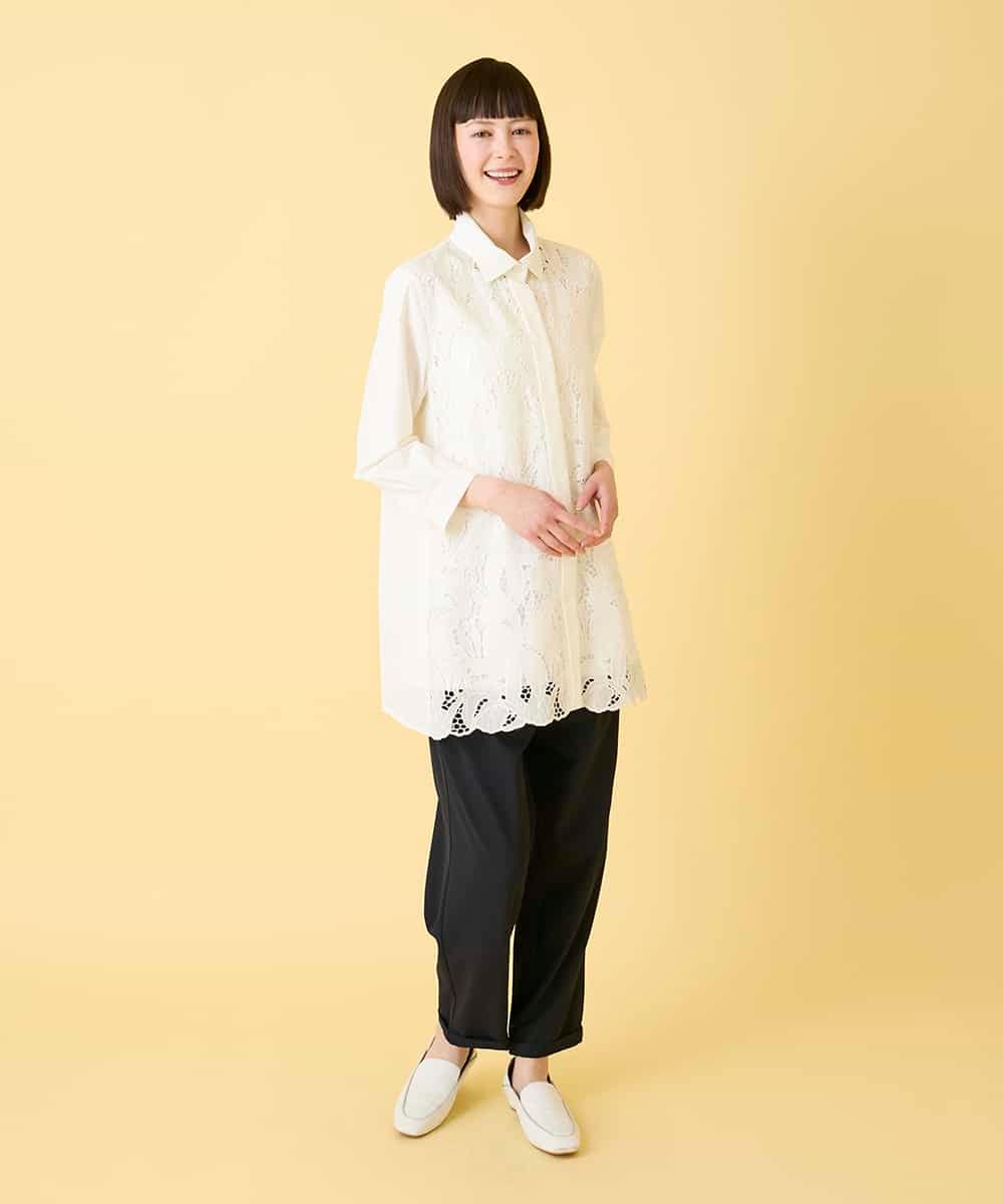 RLBGE21380 HIROKO BIS GRANDE(ヒロコ ビス グランデ) 【大きいサイズ】フラワー刺繍コットンロングシャツ /洗える ホワイト
