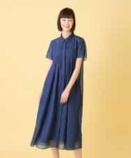 RLEGE31360 HIROKO BIS GRANDE(ヒロコ ビス グランデ) 【大きいサイズ】サテンデニムピンタックデザインワンピース /洗える ネイビー