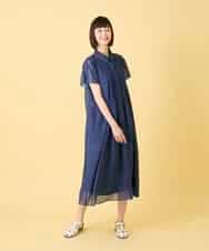 RLEGE31360 HIROKO BIS GRANDE(ヒロコ ビス グランデ) 【大きいサイズ】サテンデニムピンタックデザインワンピース /洗える ネイビー