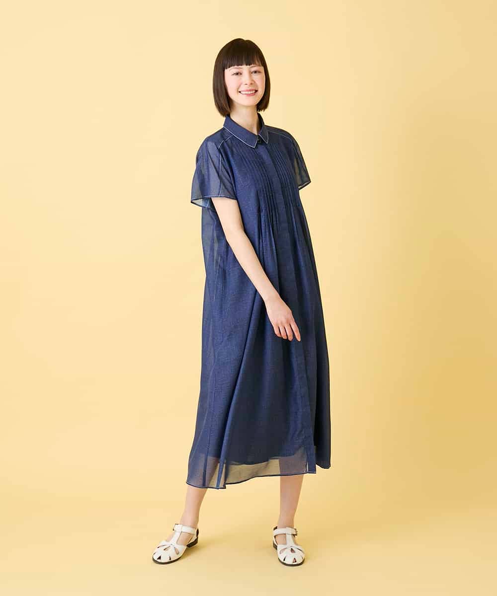 RLEGE31360 HIROKO BIS GRANDE(ヒロコ ビス グランデ) 【大きいサイズ】サテンデニムピンタックデザインワンピース /洗える ネイビー