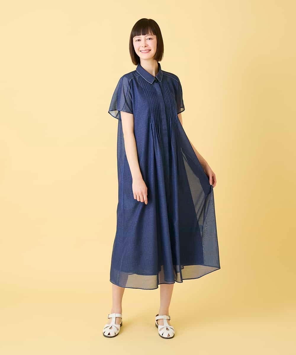RLEGE31360 HIROKO BIS GRANDE(ヒロコ ビス グランデ) 【大きいサイズ】サテンデニムピンタックデザインワンピース /洗える ネイビー