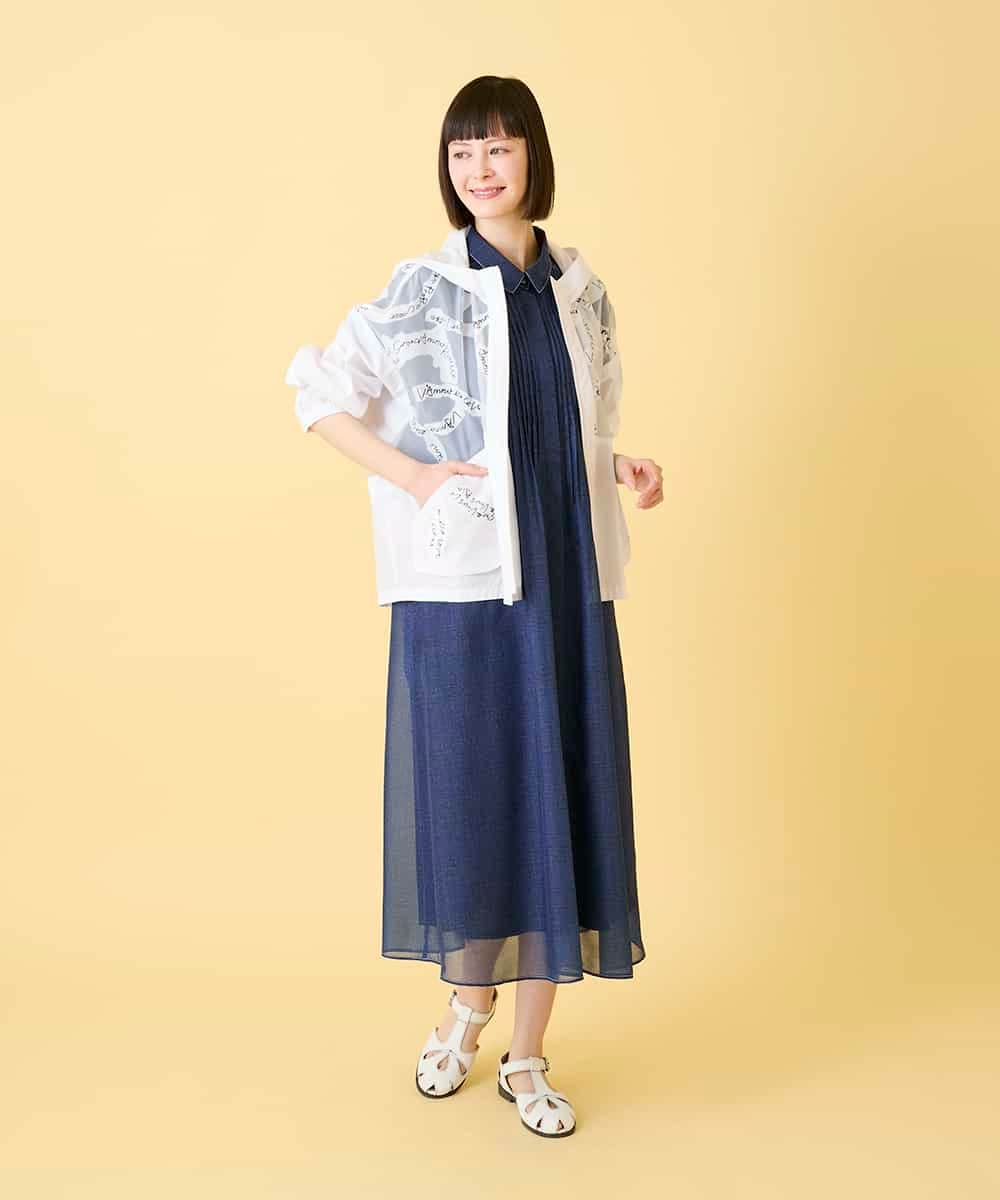 RLEGE31360 HIROKO BIS GRANDE(ヒロコ ビス グランデ) 【大きいサイズ】サテンデニムピンタックデザインワンピース /洗える ネイビー