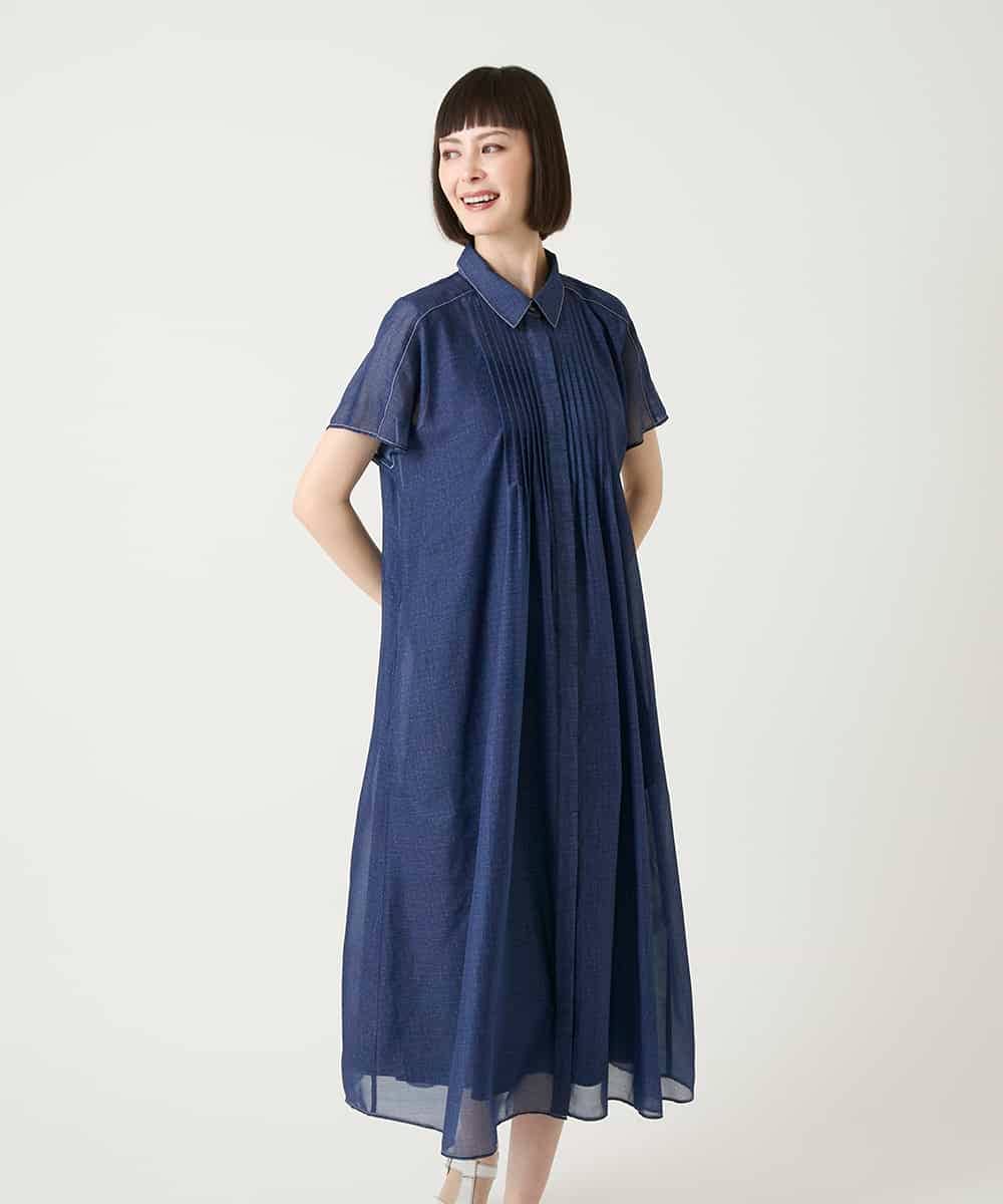 RLEGE31360 HIROKO BIS GRANDE(ヒロコ ビス グランデ) 【大きいサイズ】サテンデニムピンタックデザインワンピース /洗える ネイビー