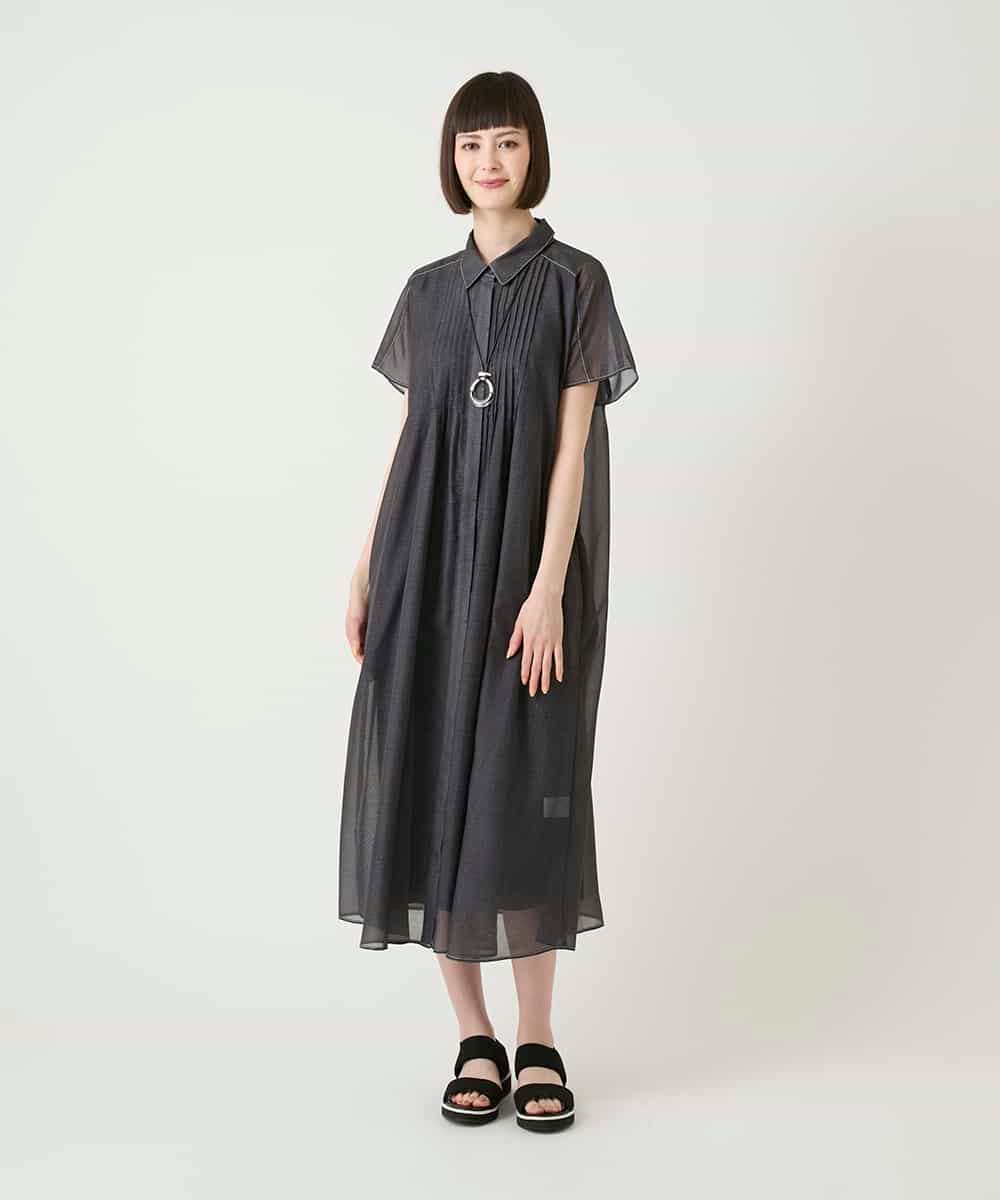 RLEGE31360 HIROKO BIS GRANDE(ヒロコ ビス グランデ) 【大きいサイズ】サテンデニムピンタックデザインワンピース /洗える ブラック
