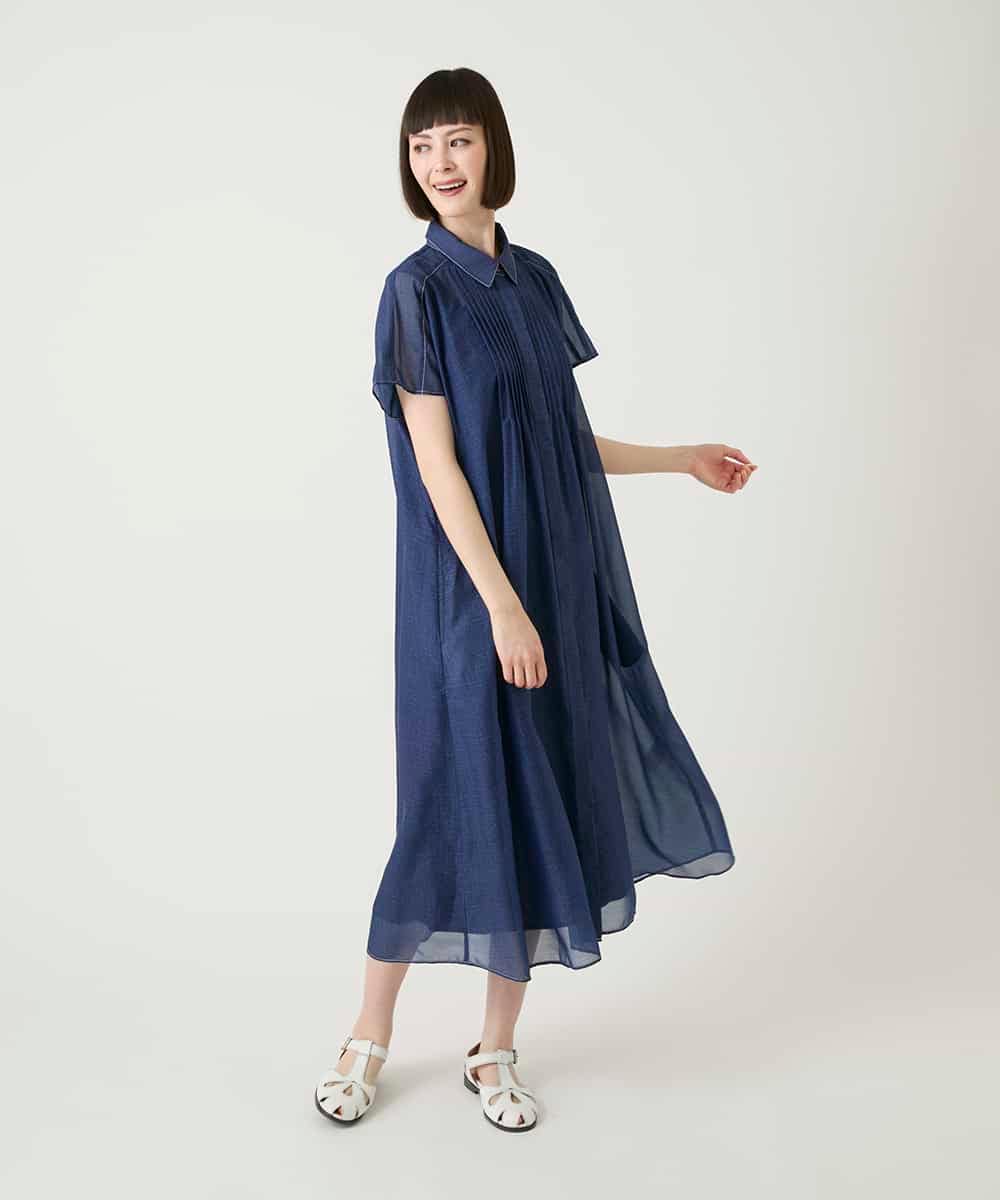 RLEGE31360 HIROKO BIS GRANDE(ヒロコ ビス グランデ) 【大きいサイズ】サテンデニムピンタックデザインワンピース /洗える ブラック