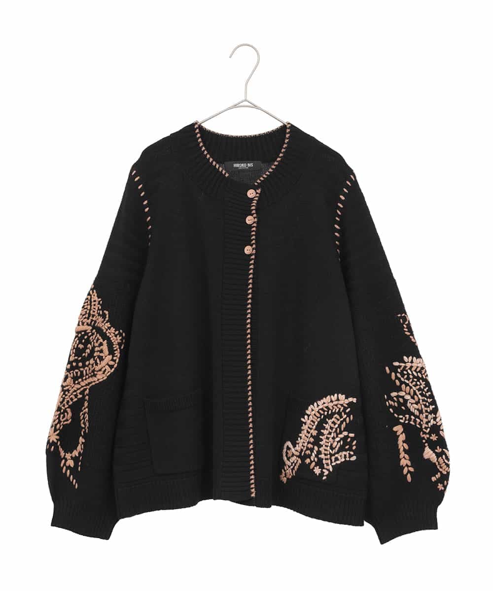 RLFAE56490 HIROKO BIS GRANDE(ヒロコ ビス グランデ) 【大きいサイズ】ペイズリー刺繍ニットカーディガン ブラック