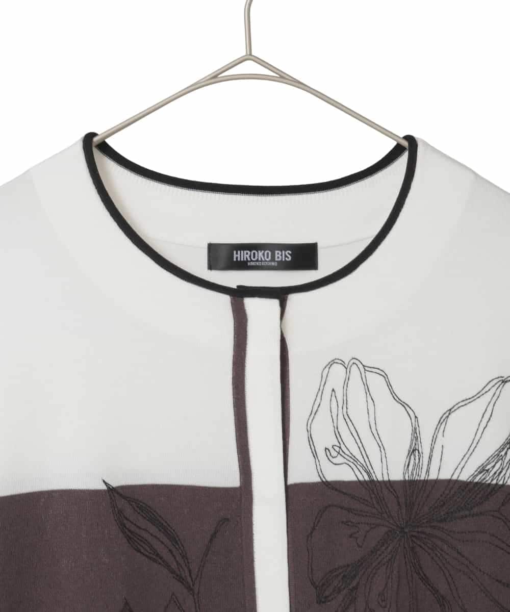 RLFED30420 HIROKO BIS GRANDE(ヒロコ ビス グランデ) 【大きいサイズ】花刺繍ブロッキングデザインカーディガン ホワイト