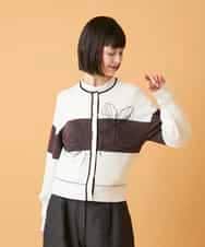 RLFED30420 HIROKO BIS GRANDE(ヒロコ ビス グランデ) 【大きいサイズ】花刺繍ブロッキングデザインカーディガン ホワイト