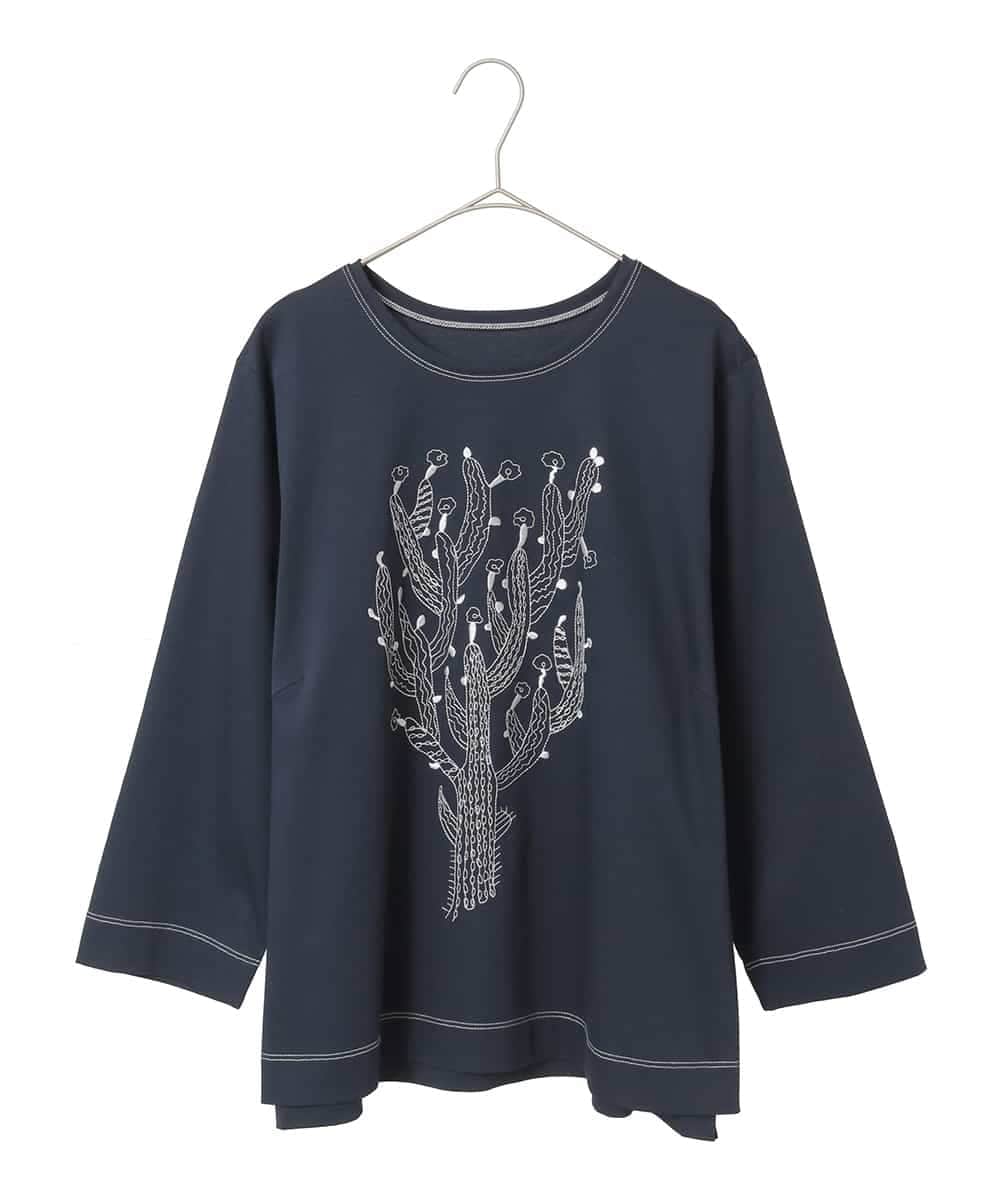 RLKED22210 HIROKO BIS GRANDE(ヒロコ ビス グランデ) 【大きいサイズ】サボテン刺繍コットンTシャツ /洗える ネイビー