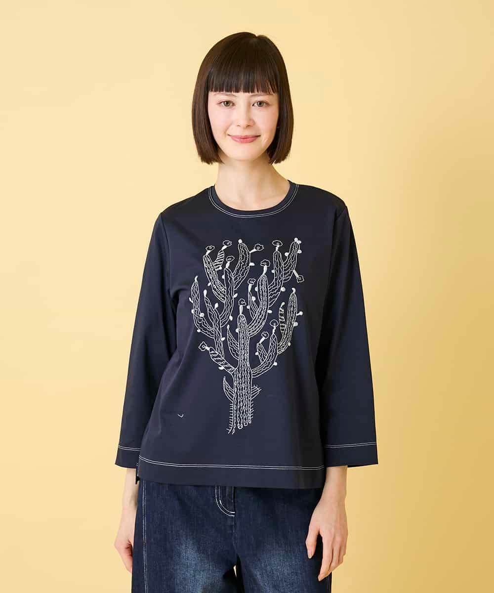 RLKED22210 HIROKO BIS GRANDE(ヒロコ ビス グランデ) 【大きいサイズ】サボテン刺繍コットンTシャツ /洗える ネイビー