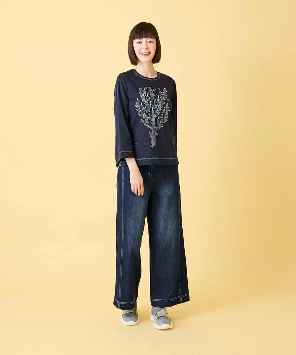 RLKED22210 HIROKO BIS GRANDE(ヒロコ ビス グランデ) 【大きいサイズ】サボテン刺繍コットンTシャツ /洗える ネイビー