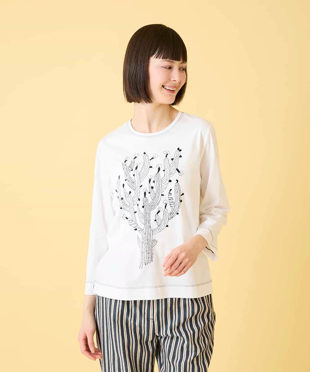 RLKED22210 HIROKO BIS GRANDE(ヒロコ ビス グランデ) 【大きいサイズ】サボテン刺繍コットンTシャツ /洗える ネイビー