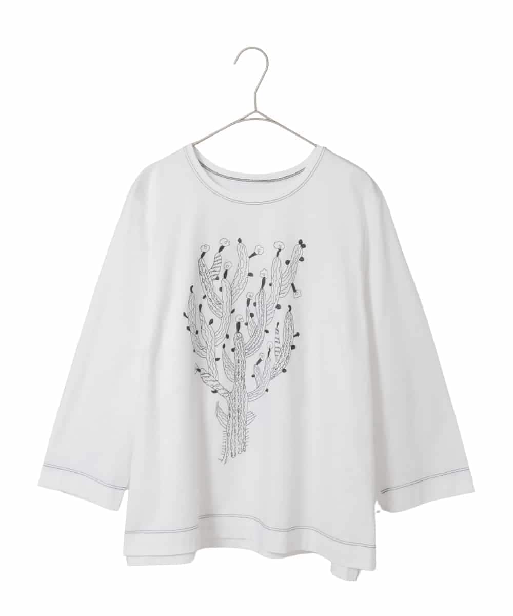 RLKED22210 HIROKO BIS GRANDE(ヒロコ ビス グランデ) 【大きいサイズ】サボテン刺繍コットンTシャツ /洗える ホワイト