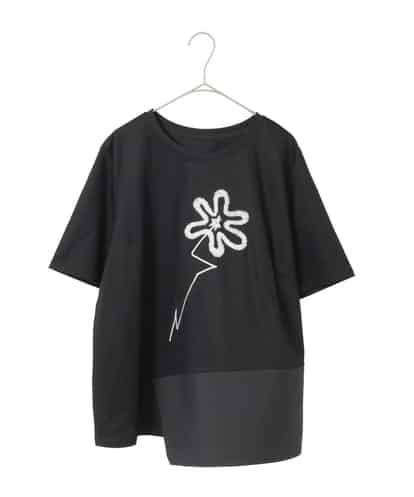 RLKIE11210  【大きいサイズ/接触冷感】異素材切り替えフラワー刺繍デザインTシャツ /洗える