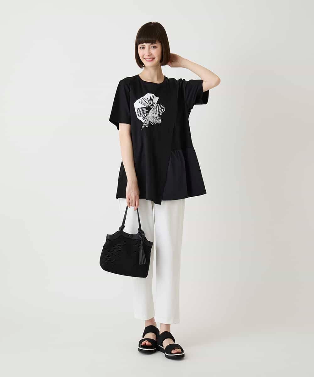 RLKIE12230 HIROKO BIS GRANDE(ヒロコ ビス グランデ) 【大きいサイズ/接触冷感】刺繍モチーフアシンメトリーチュニックTシャツ /洗える ブラック