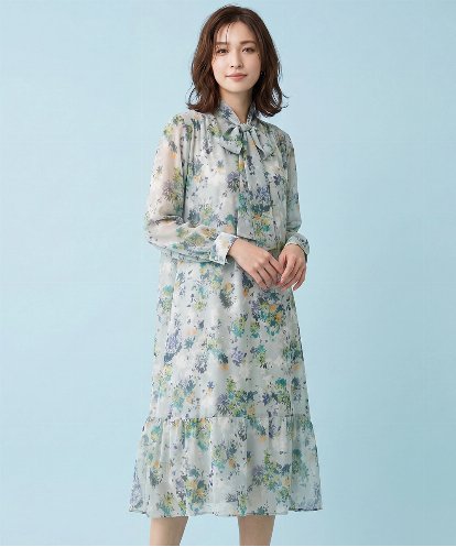 RMEDA72450 HIROKO BIS GRANDE 【大きいサイズ/ボウタイ付き】フラワープリントエアリーワンピース