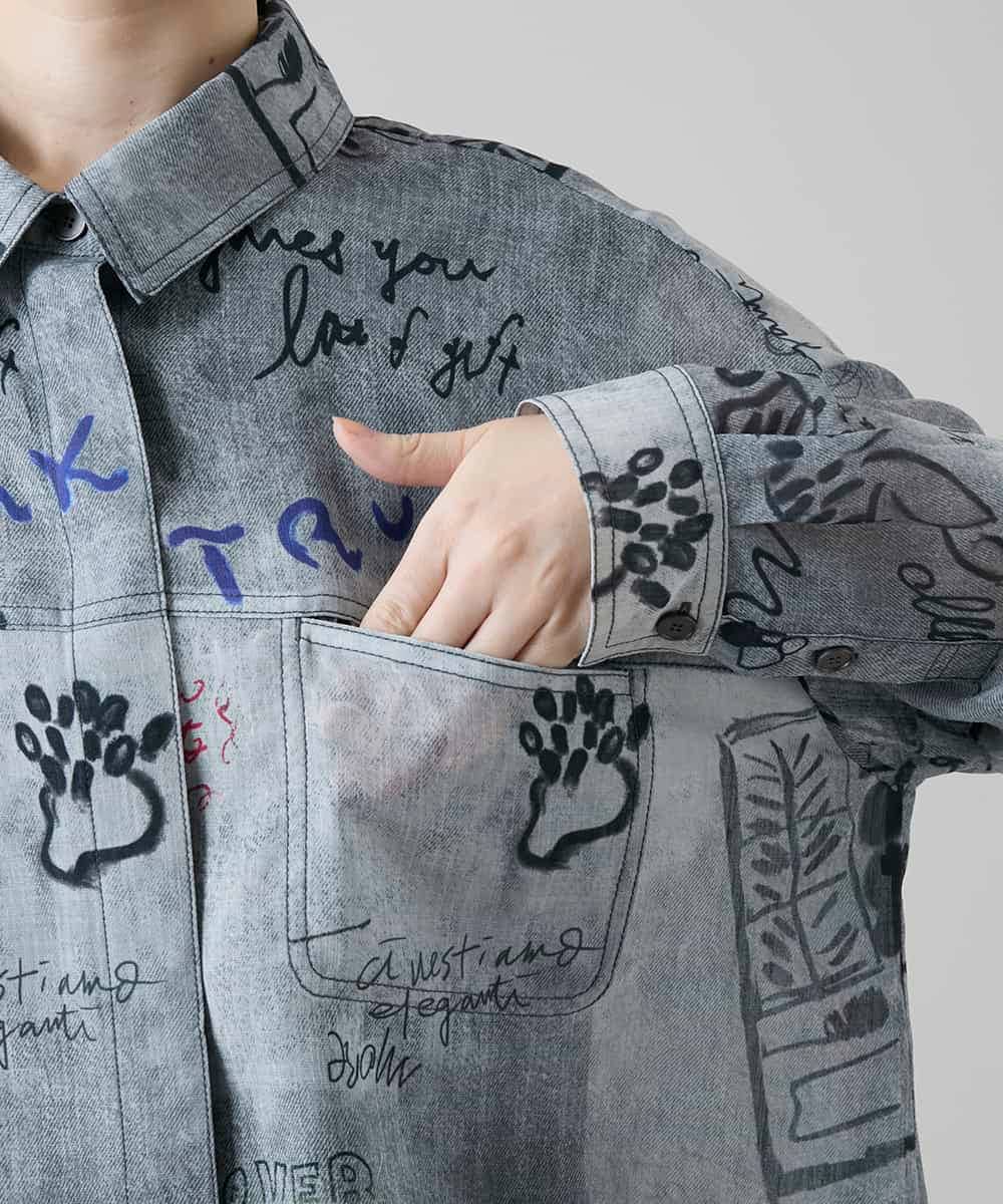 RSBGF04590 TRUNK HIROKO KOSHINO(ヒロココシノ) 【WEB/京王百貨店新宿店限定】デニム風アートプリントロングシャツ ブラック