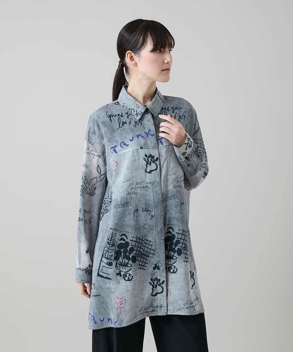 RSBGF04590 TRUNK HIROKO KOSHINO(ヒロココシノ) 【WEB/京王百貨店新宿店限定】デニム風アートプリントロングシャツ ブラック