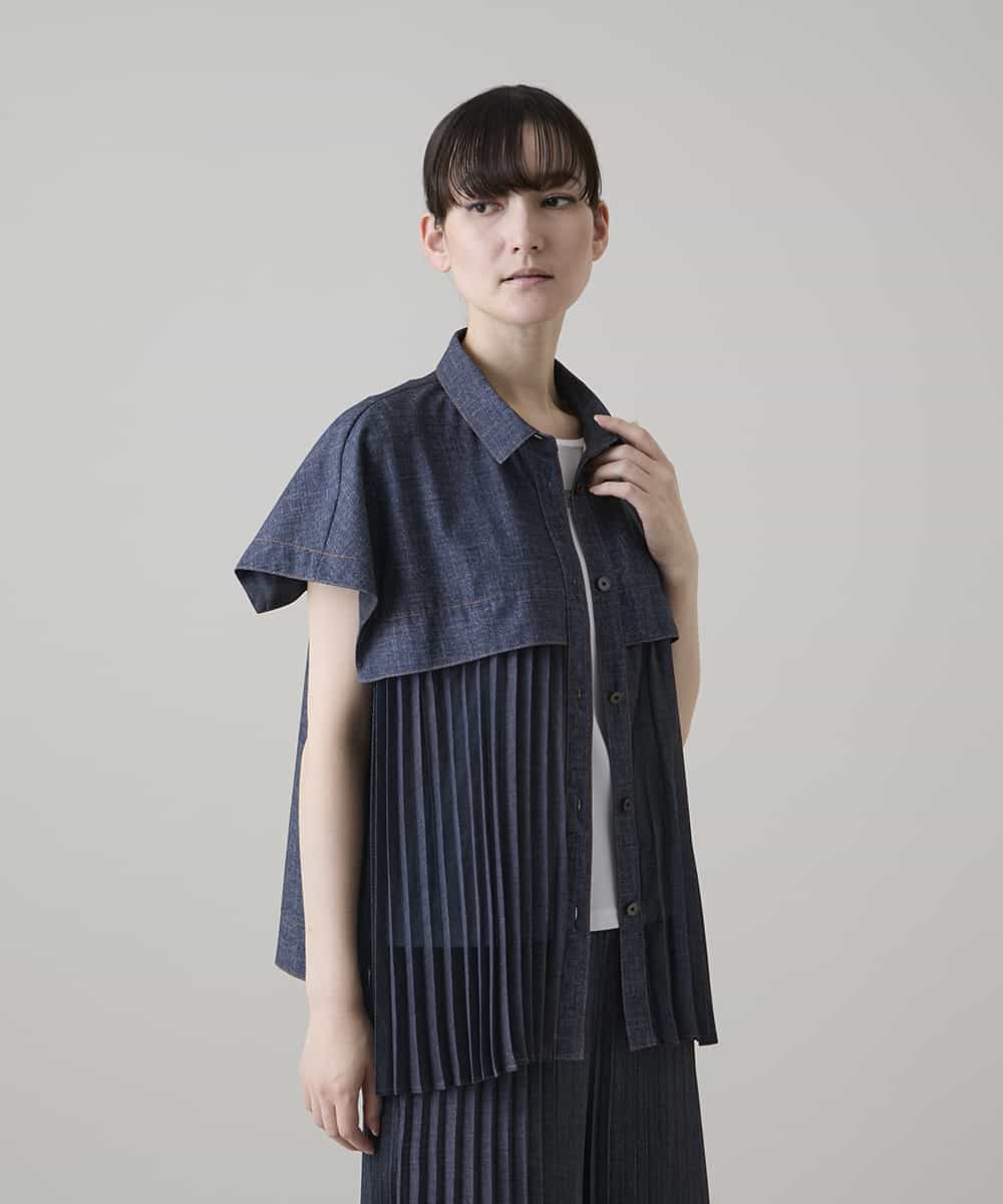 RSBHE05460 TRUNK HIROKO KOSHINO(ヒロココシノ) 異素材ジョイントプリーツデニムブラウス/洗える ブルー