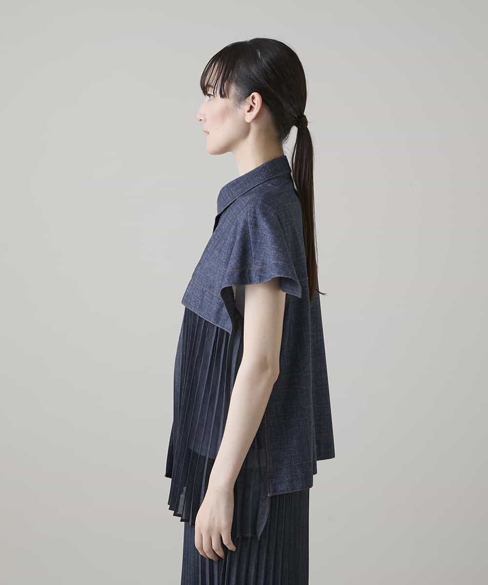 RSBHE05460 TRUNK HIROKO KOSHINO(ヒロココシノ) 異素材ジョイントプリーツデニムブラウス/洗える ブルー