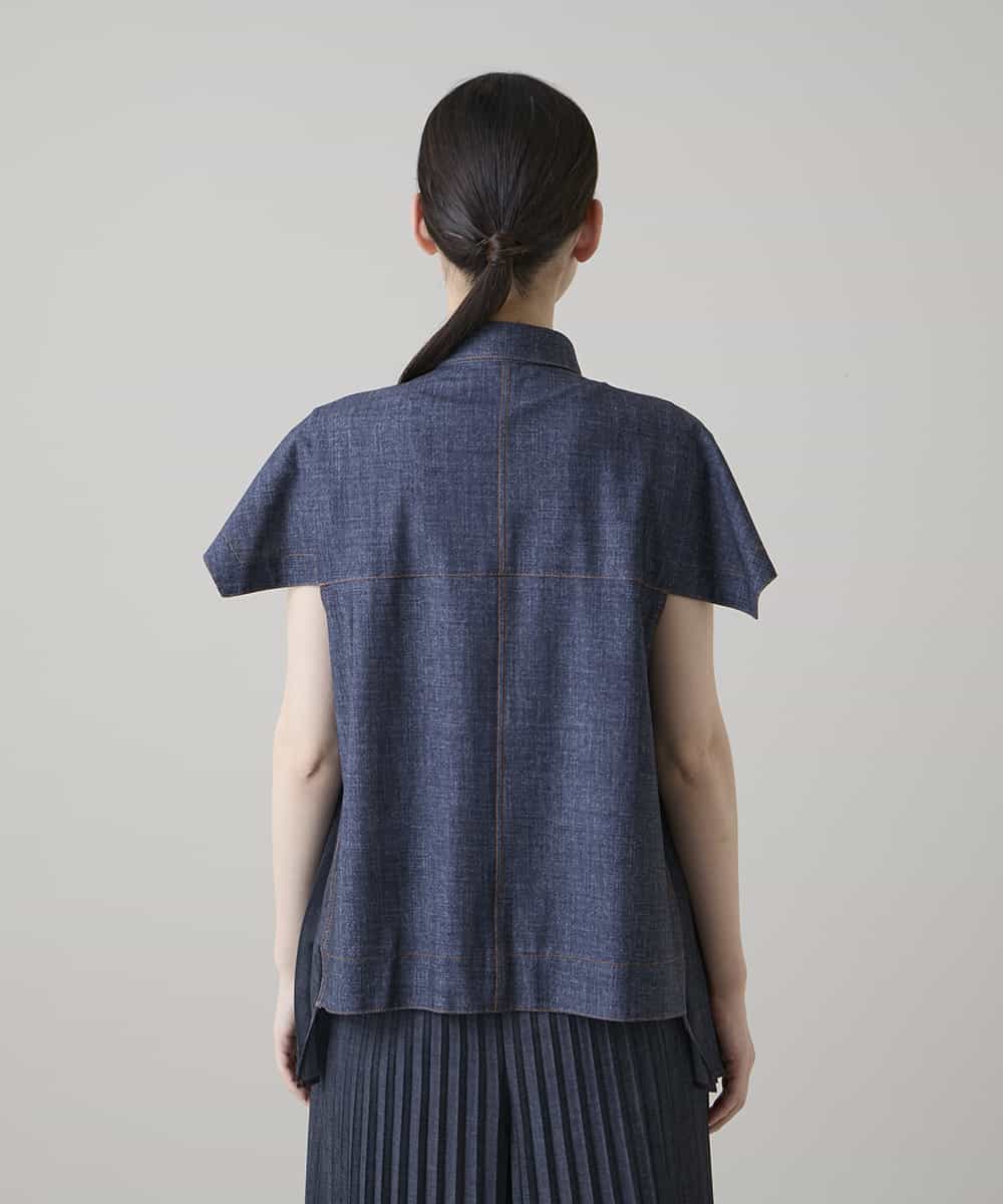 RSBHE05460 TRUNK HIROKO KOSHINO(ヒロココシノ) 異素材ジョイントプリーツデニムブラウス/洗える ブルー