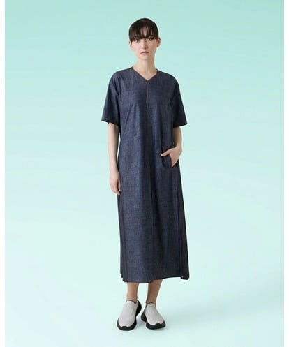 RSEHE06660 TRUNK HIROKO KOSHINO 異素材ジョイントサイドプリーツデニムワンピース/洗える