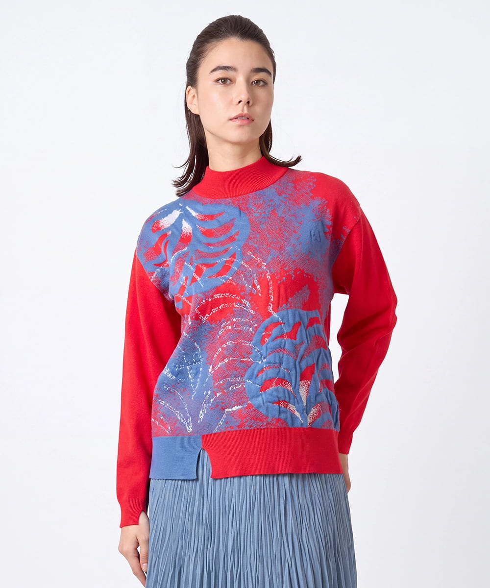 RSFJE18360 TRUNK HIROKO KOSHINO(ヒロココシノ) アートリーフデザインニットプルオーバー/日本製 ブルー