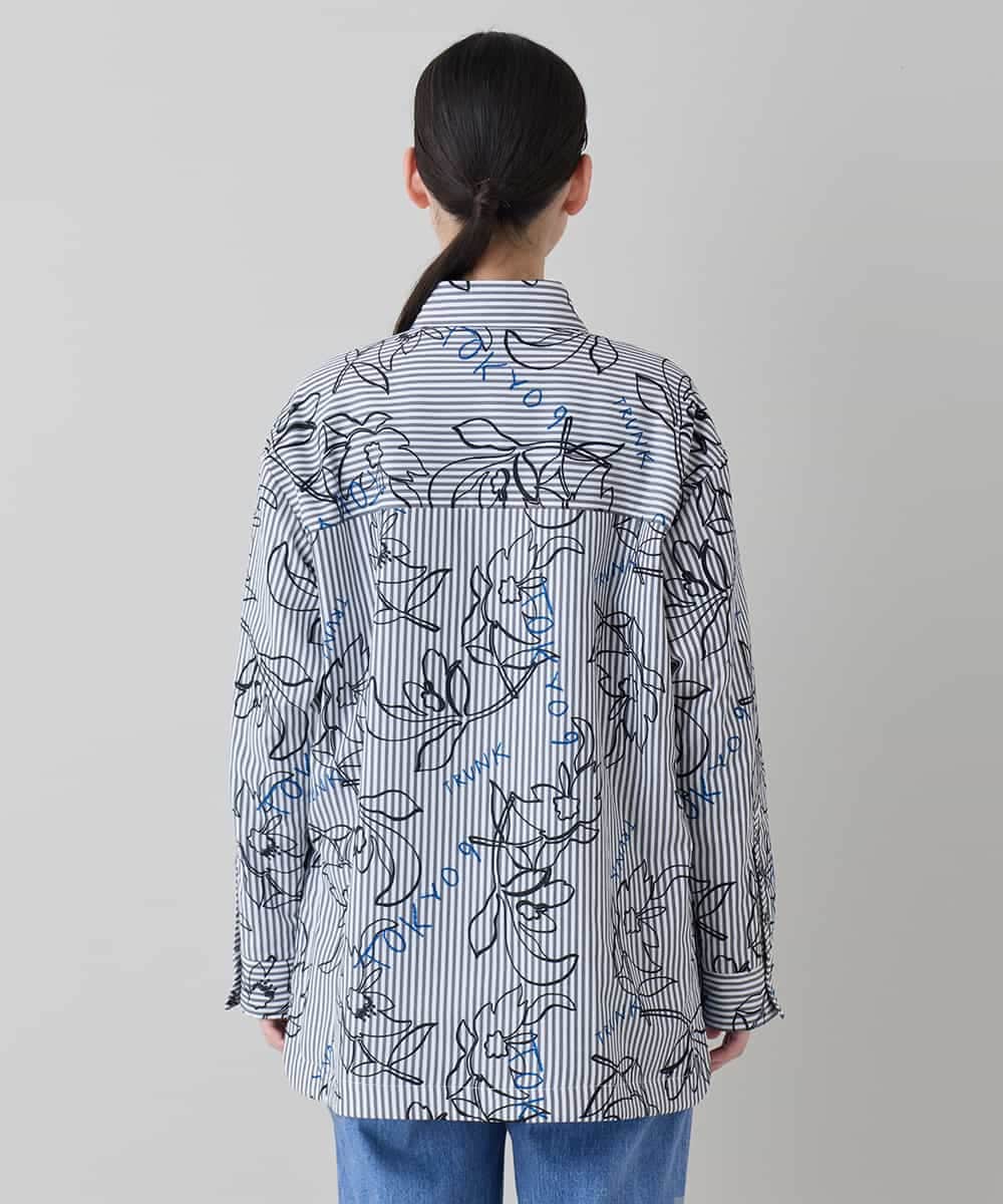 RSJEE27540 TRUNK HIROKO KOSHINO(ヒロココシノ) ストライプフラワーワイドシルエットシャツ /洗える グレー×ホワイト